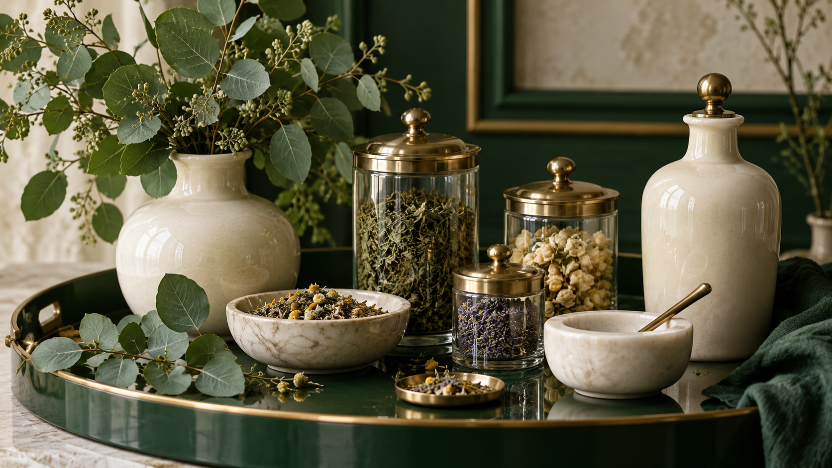 Illustrative apothecary still life in deep green and cream with brass details