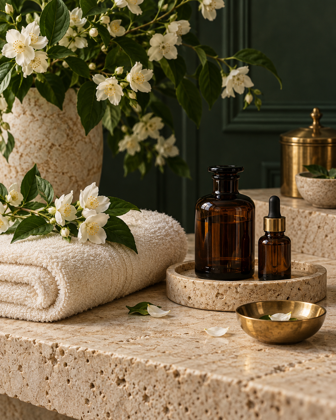 Illustrative still life of towels, glass bottles, and blossoms in cream and green